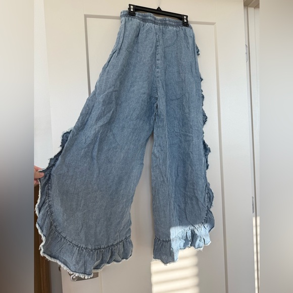 Denim Washed Ruffle Wide-Leg Draw String Pants - Picture 4 of 7